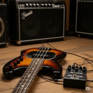 A bass guitar connected to a high-quality **bass distortion pedal**, demonstrating a typical setup for achieving powerful distorted bass sounds.