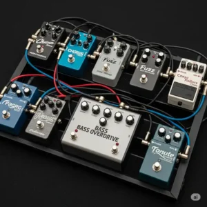 Bass guitar pedalboard featuring a prominent pedal bass overdrive alongside other effects, wired for a versatile sound.
