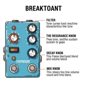An illustration highlighting the various controls on a bass synthesizer pedal, including knobs for filter, resonance, decay, and mix, explaining their functions.