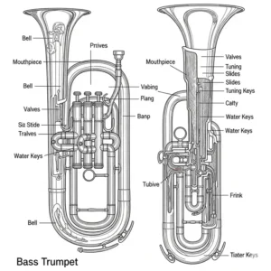 Detailed diagram illustrating the individual components and parts of a bass trumpet, including valves, bell, and mouthpiece.