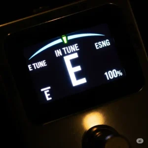 "Close-up view of the bright, LED display of a bass tuner pedal showing a perfectly in-tune E string."
