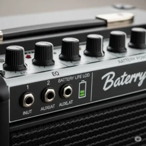 Close-up of the control panel on a battery powered bass amp, showing EQ, input, and battery life indicator.