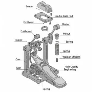 An exploded view diagram illustrating the individual components of a double bass pedal, including the footboard, beater, cam, and spring, helping users understand what makes a high-quality best double bass pedal.