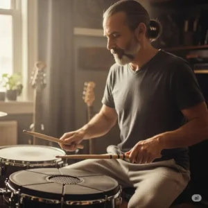 A drummer practicing quietly at home using a bass drum practice pad with a realistic feel.