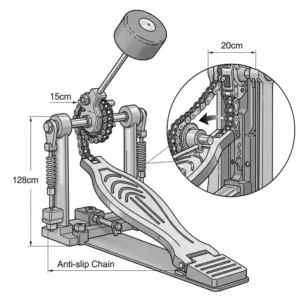 An illustration of a standard single bass drum pedal, highlighting the footboard, chain drive, and beater.