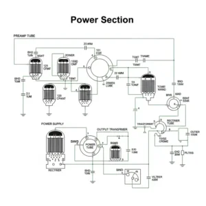 Detailed schematic diagram of a tube bass amp's power section, illustrating the vacuum tube circuitry and transformers.