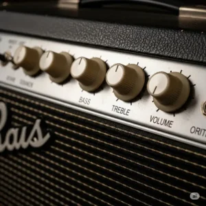Close-up view of the control panel of a classic vintage bass guitar amp, highlighting its durable construction and intuitive knobs for tone shaping.