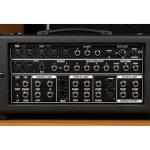 Rear view of a bass guitar cabinets showing various input and output jacks for connecting to amplifiers and other audio equipment.