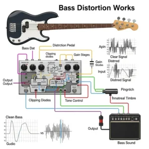 Diagram illustrating the signal path of a bass guitar through a **bass distortion pedal**, explaining how bass distortion works.