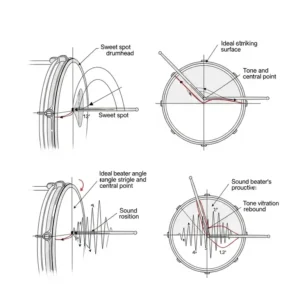 Diagram illustrating the optimal angle and position for a bass drum beater to strike the drum head, demonstrating how to achieve desired tone and rebound.