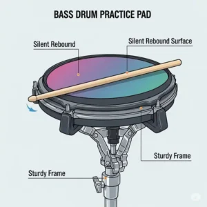 An illustration highlighting the key features of a bass drum practice pad, such as its silent rebound surface and sturdy frame.