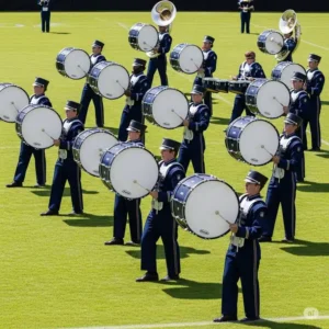 The impressive bass drum marching band section of a marching band in a precise formation, ready to perform.