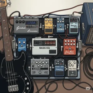 Illustration showing a bass EQ pedal integrated into a bassist's pedalboard setup.