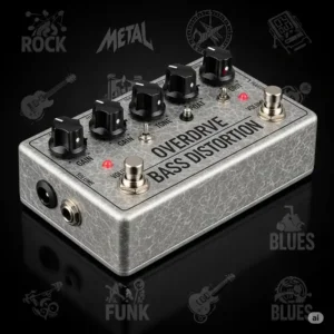 An aggressive bass overdrive or distortion pedal, adding grit and warmth to the bass tone for various musical genres, among the best bass pedals.