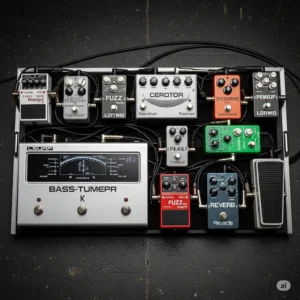 "A well-organized guitar pedalboard featuring a prominent bass tuner pedal connected with other effects, essential for live performance."