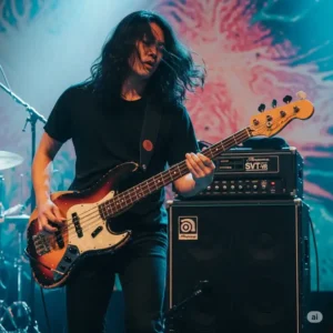A bassist on stage, passionately playing their instrument with their best bass guitar amp providing clear, punchy sound.