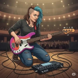 An illustration of a bassist actively playing with a bass guitar connected to a bass synthesizer pedal on a stage floor, demonstrating its live application.