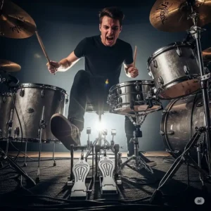 A drummer dynamically playing a drum kit, demonstrating the efficient use of a double bass pedal for complex rhythms and rapid kick drum patterns, highlighting the benefits of a top-rated best double bass pedal.