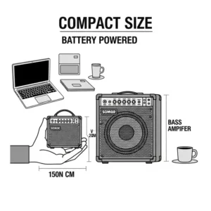 Illustration showcasing the compact, portable size of a battery powered bass amp, perfect for travel.
