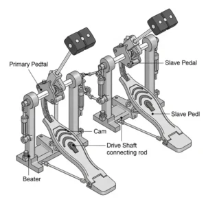An illustration depicting a double bass drum pedal system, showing the main pedal and the slave pedal connected by a drive shaft.