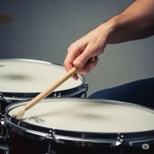 A drummer's hand firmly gripping a bass drum mallet, demonstrating proper technique for striking the drum.