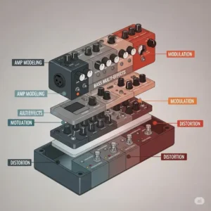 An exploded view illustration highlighting the different control sections of a bass multi effects pedal, such as amp modeling, modulation, and distortion.
