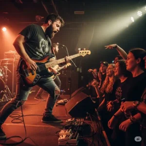 Bass guitarist playing live with a warm, overdriven tone from their pedal bass overdrive, engaging the audience.