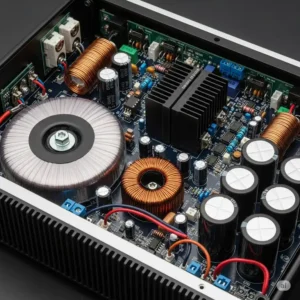  Internal components of a power bass amplifier, highlighting robust circuitry for high-fidelity sound.
