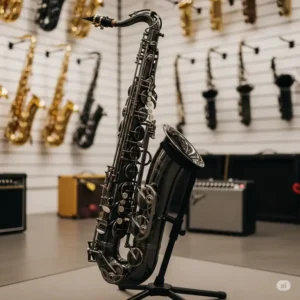 Professional bass saxophone for sale on a stand, ready for inspection by a serious musician.