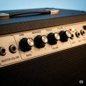 Close-up view of the control panel on a tube bass amp, showing knobs for gain, EQ, volume, and input jacks, highlighting user-friendly features.