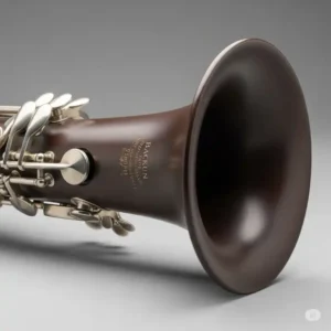 "Close-up on the precise keywork and advanced mechanisms of the Backun Alpha Bass Clarinet, illustrating its craftsmanship."