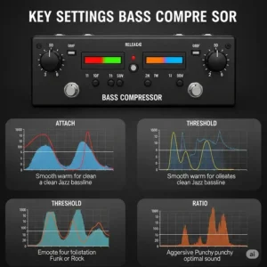 A visual guide explaining common settings on a best bass compressor pedal, including attack, release, threshold, and ratio, for optimal sound.