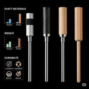 Visual representation of different bass drum beater shaft materials, such as metal, carbon fiber, and wood, and their impact on weight and durability.