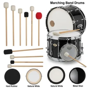 Different types of mallets and beaters used for a bass drum marching band setting.
