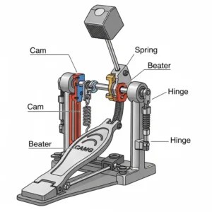  A detailed diagram illustrating the key components of a bass drum pedal, including the cam, spring, beater, and hinge.