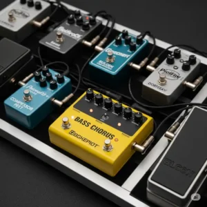 A neatly organized pedalboard featuring a bass chorus pedal among other effects, highlighting its integration into a musician's setup.