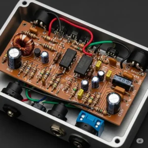 Internal view of a pedal bass overdrive, revealing its meticulously arranged electronic components and circuitry.