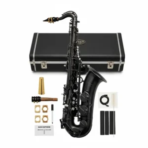 Bass saxophone for sale with essential accessories like a mouthpiece, ligature, and cleaning kit.