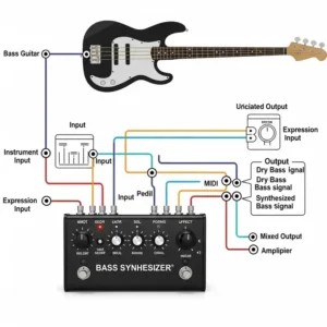 An illustration of a bassist actively playing with a bass guitar connected to a bass synthesizer pedal on a stage floor, demonstrating its live application.