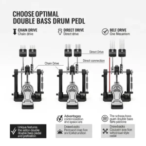 A comparative image displaying different types of double bass pedals, such as chain drive, direct drive, and belt drive, explaining the variations available when choosing the best double bass pedal.