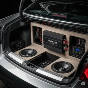 power bass amplifier neatly integrated into a car trunk, part of a complete car audio system.