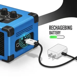 Battery powered bass amp being charged, highlighting its convenient rechargeable design for extended play.