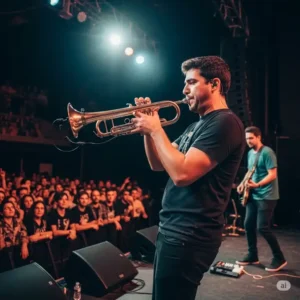 A musician skillfully playing a bass trumpet during a performance, showcasing proper embouchure and posture.