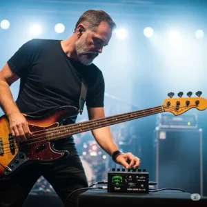 "A bassist on stage using a bass tuner pedal to quickly and accurately tune their instrument before a gig."