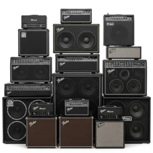 A stack of diverse bass guitar cabinets showcasing different sizes and configurations, ideal for various playing environments.