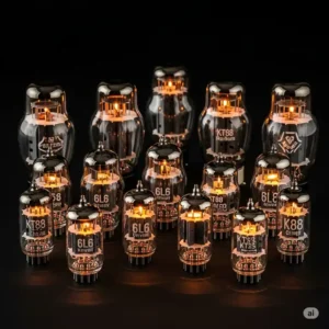 Various types of glowing vacuum tubes, such as 6L6 or KT88, commonly used in tube bass amps, neatly arranged for selection.