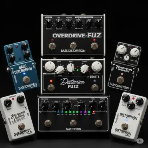 An array of different **bass distortion pedals**, highlighting the variety of options available for bassists seeking unique tones.