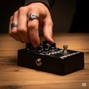 A musician's hand fine-tuning the controls on a **bass distortion pedal**, emphasizing the versatility in shaping distorted bass tones.