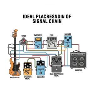 An illustration demonstrating the ideal placement of a best bass compressor pedal within a typical bass guitar signal chain.