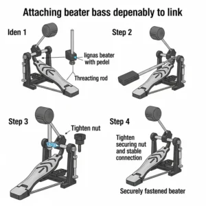 Step-by-step illustration demonstrating how to properly attach a bass drum beater to a drum pedal, ensuring secure and stable connection.